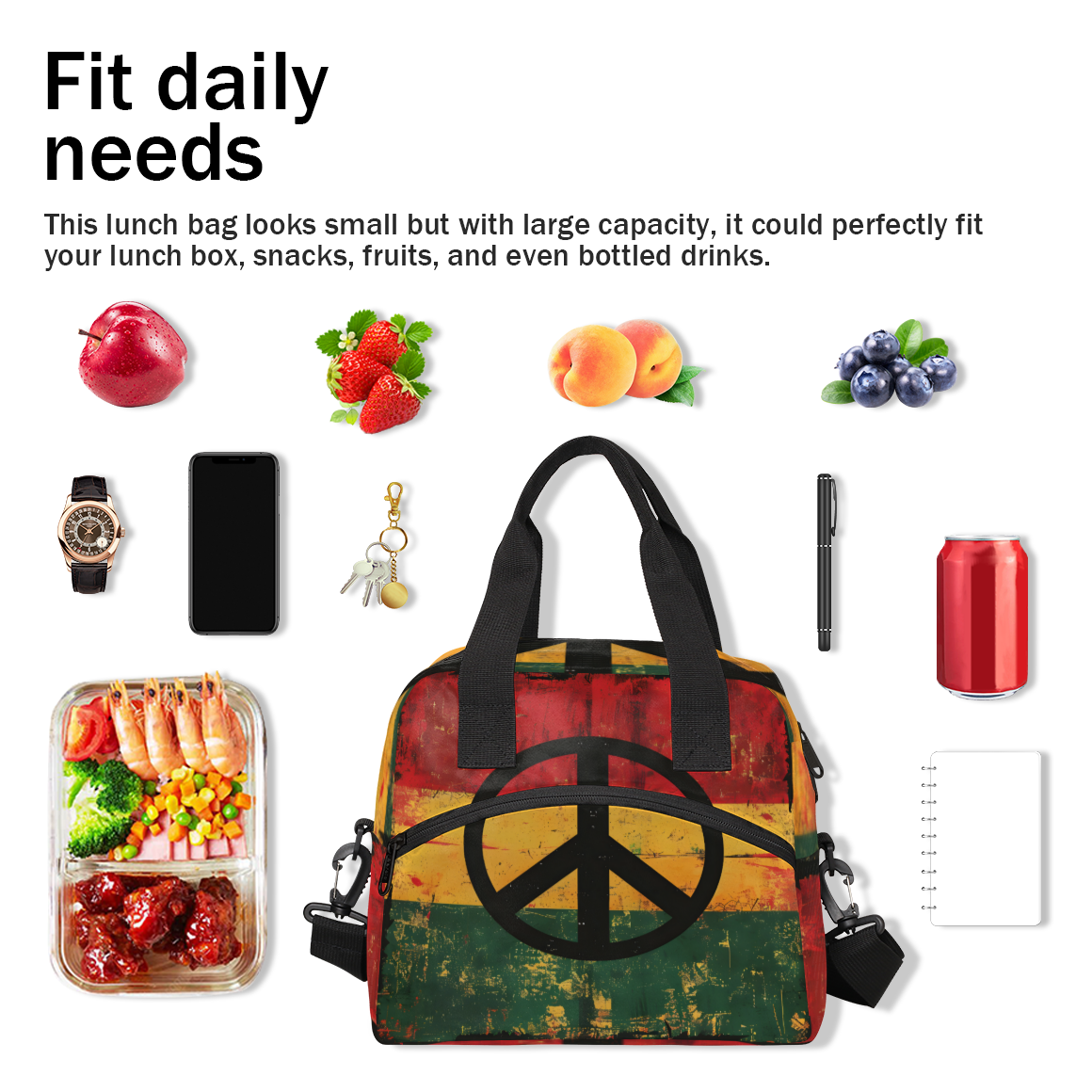 Herdesigns Hippie Peace Sign Insulated Lunch Bag for Women Men Adults Large Reusable Lunch Box Vintage Leakproof Cooler Tote Bags with Adjustable Shoulder Strap