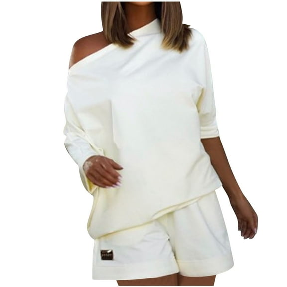 GERsome Women's 2 Piece Outfits Sweater Set Off Shoulder Casual Loose Top with Short Suits
