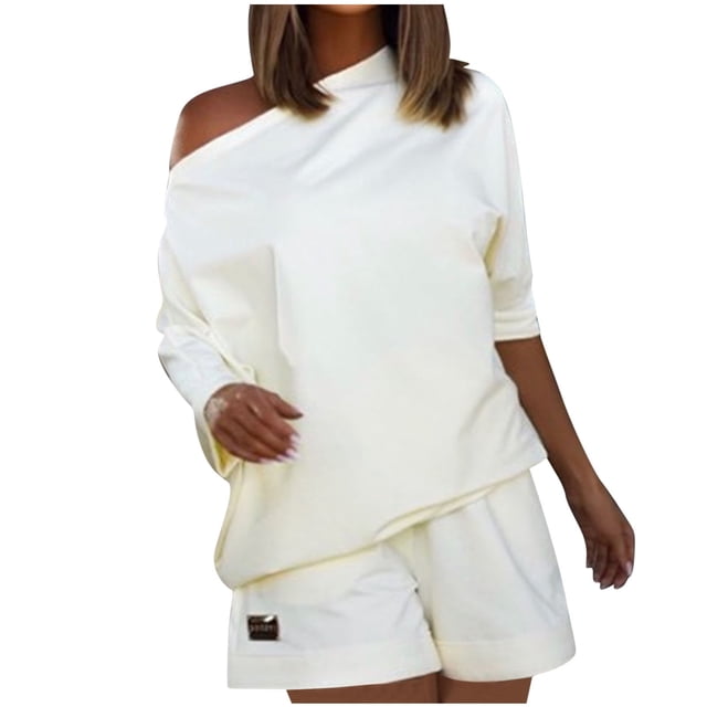 AherBiu Short Jumpsuits for Women Summer Casual Loose Short Sleeve Rompers One-Shoulder Sweat Overalls