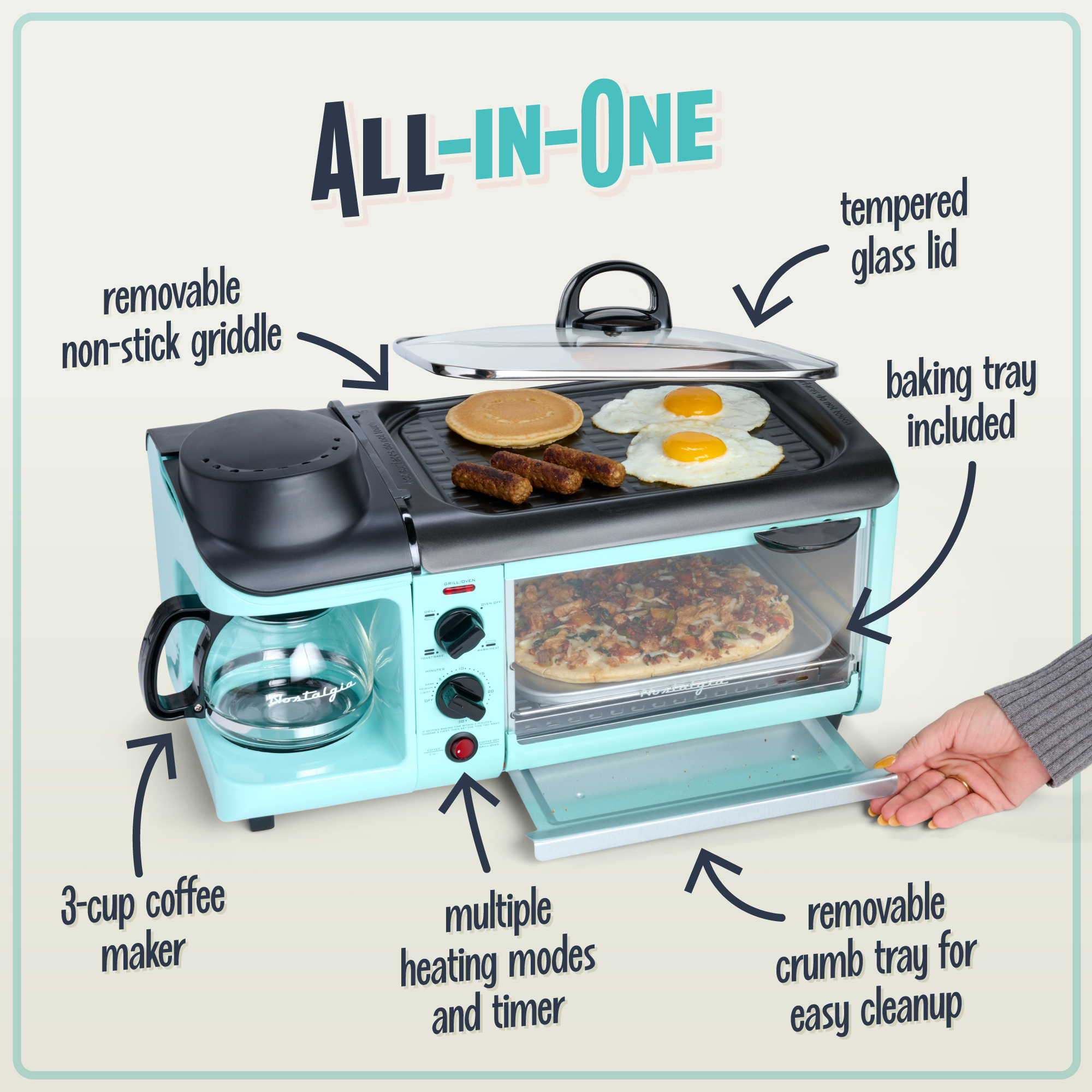 Nostalgia BST3AQ Retro 3-in-1 Family Size Electric Breakfast Station, Coffeemaker, Griddle, Toaster Oven - Aqua - image 4 of 7
