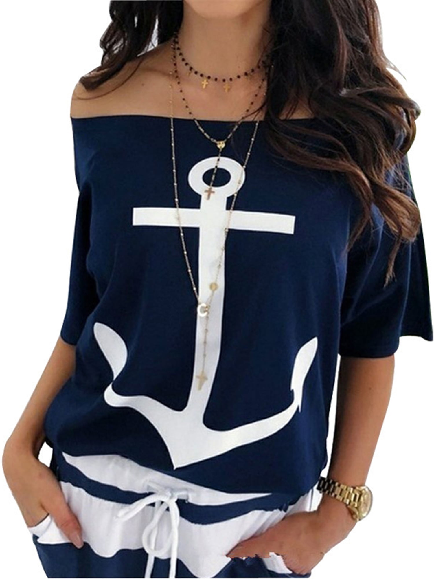 Yanekop Women Boat Anchor Print Sleeveless Bowknot Tank Tops Vest Blouse Shirts