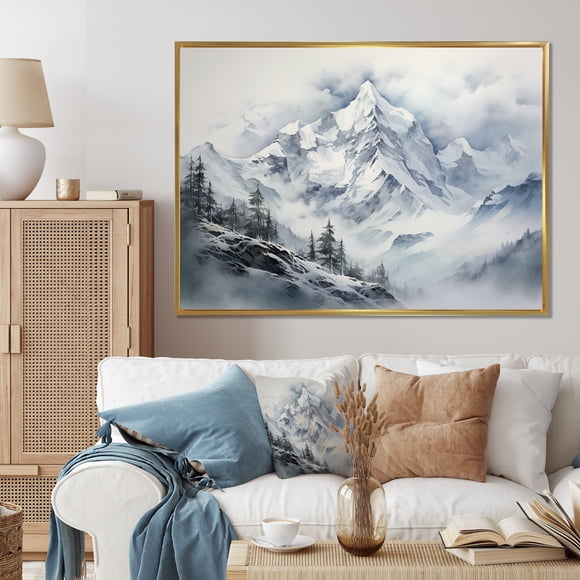 Designart Montagnes Encadrées Décoration Murale, Paysage Montagnes Encadrées art Mural, Minimalisme Peinture Sommet de Montagnes d'Hiver I, Très Grand art Mural Traditionnel Encadré Or, Cadre Or 32x24 Pouces