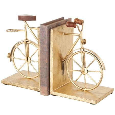 DecMode 6" Bike Gold Metal Bookends with Wood Accents (Set of 2)
