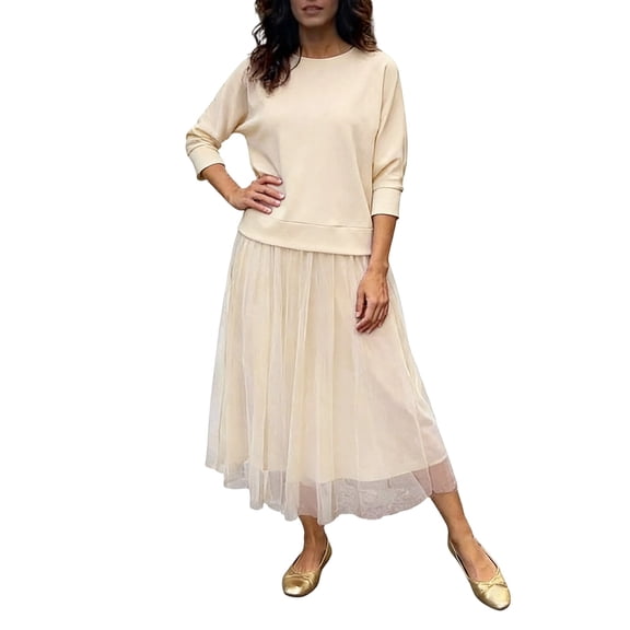DHFJKG Skirt Sets For Women 2 Piece Outfits Long Sleeve Crewneck Pullover T Shirts Casual Mesh Midi Skirt Matching Set Versatile Outfit