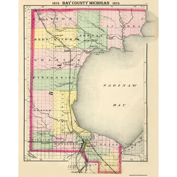 Historic County Map - Bay County Michigan - Walling 1873 - Vintage Wall Art