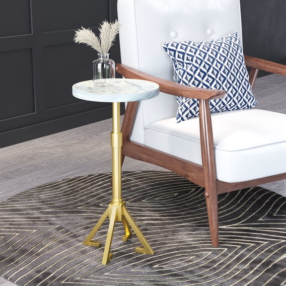 Maurice Side Table White & Gold End Table, Modern Style, Natural Marble round shape tabletop, Iron, Indoor Living