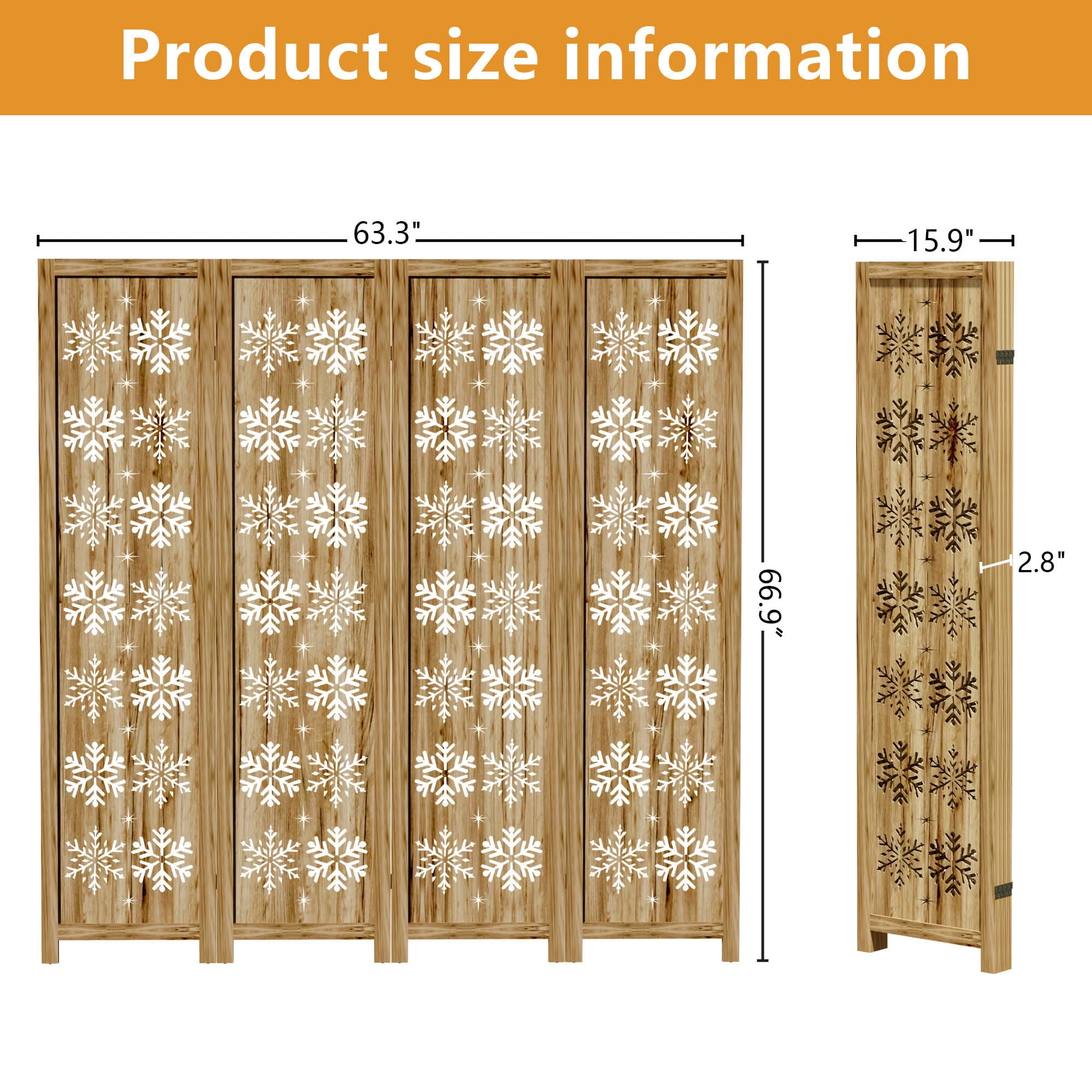 MAYEERTY 63x1x67 Inch Natural Charcoal Snowflake Wooden Folding Privacy Screen, 4 Panel Set for Home & Patio