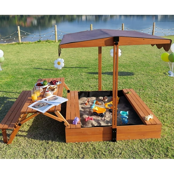 Outdoor Kids Sandbox with Picnic Table Foldable Sand Box with Canoppy Wooden Sand Pit with Lid Cover