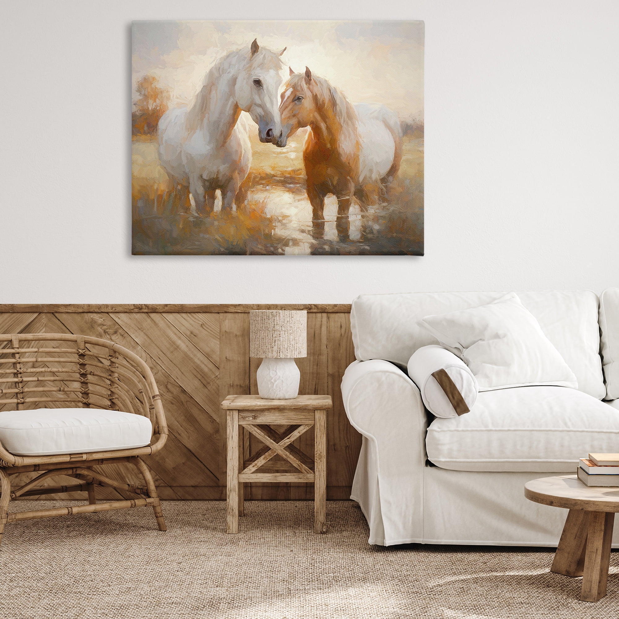 Stupell Industries Horse Pair in River Animals & Insects Painting Gallery Wrapped Canvas Art Print Wall Art, 48 x 36