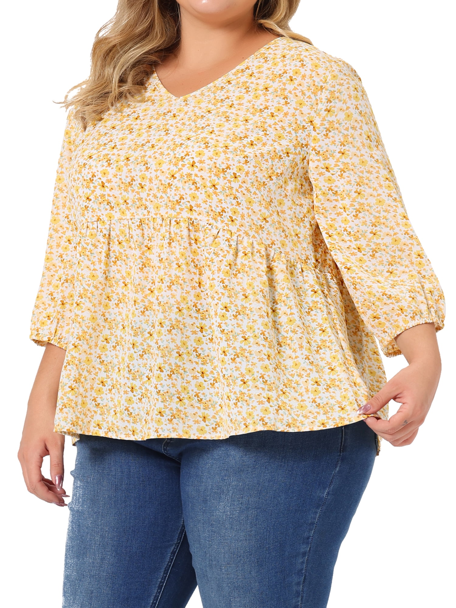 Unique Bargains Women's Plus Size V Neck Flowy 3/4 Sleeve Floral Blouse 1X Beige