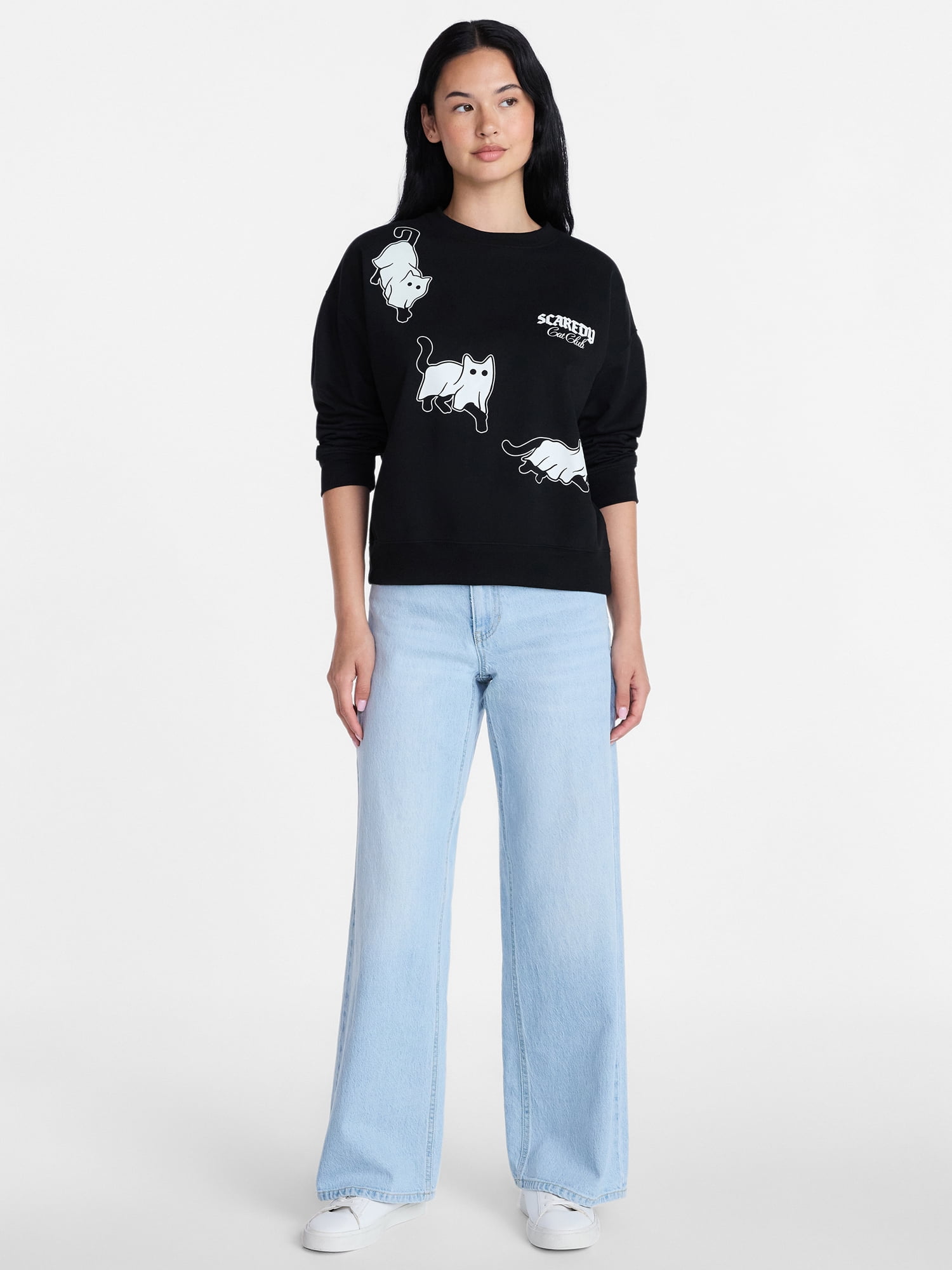 Scaredy Cat Club Women's Halloween Graphic Crew Pullover, Sizes XXS-XXL