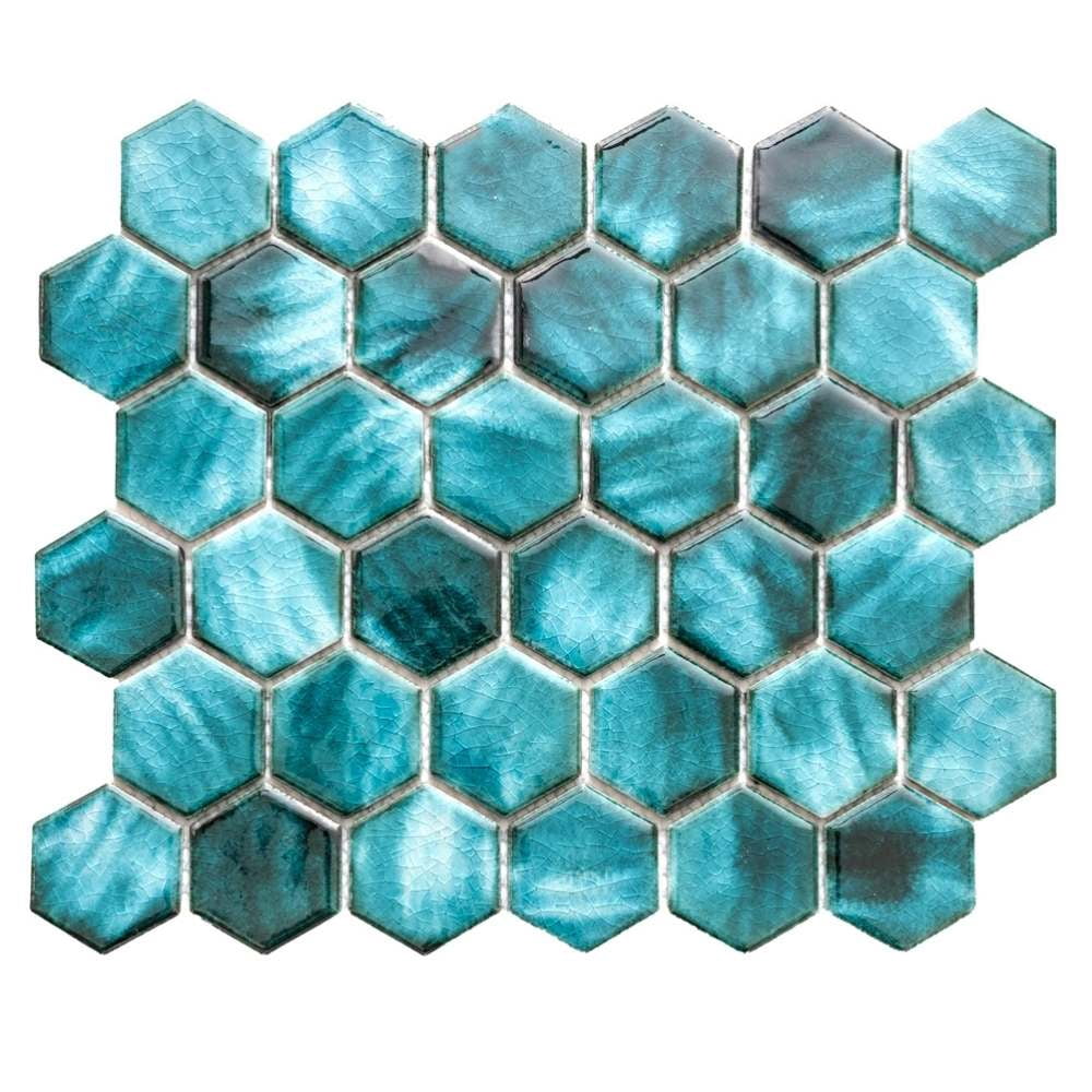 The Tile Life Agate 2 in x 2 in Hexagon Azules Glossy Porcelain Mosaic Wall Tile 1 Sheet