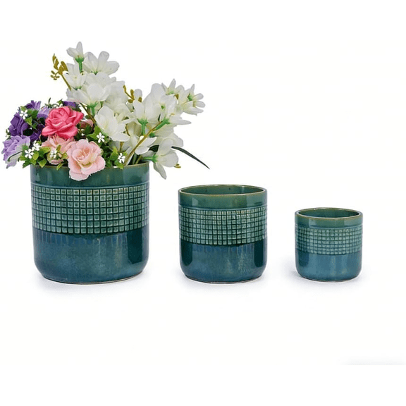 mdj pottery Glazed Ceramic Flower Pot, Set of 3, Grid Pattern Ceramic Plant Pot with Drainage Holes, 5.5"/7.48"/9.65" Planter for Succulents, Violets & Mini Orchids, Indoor Outdoor - Blue Green
