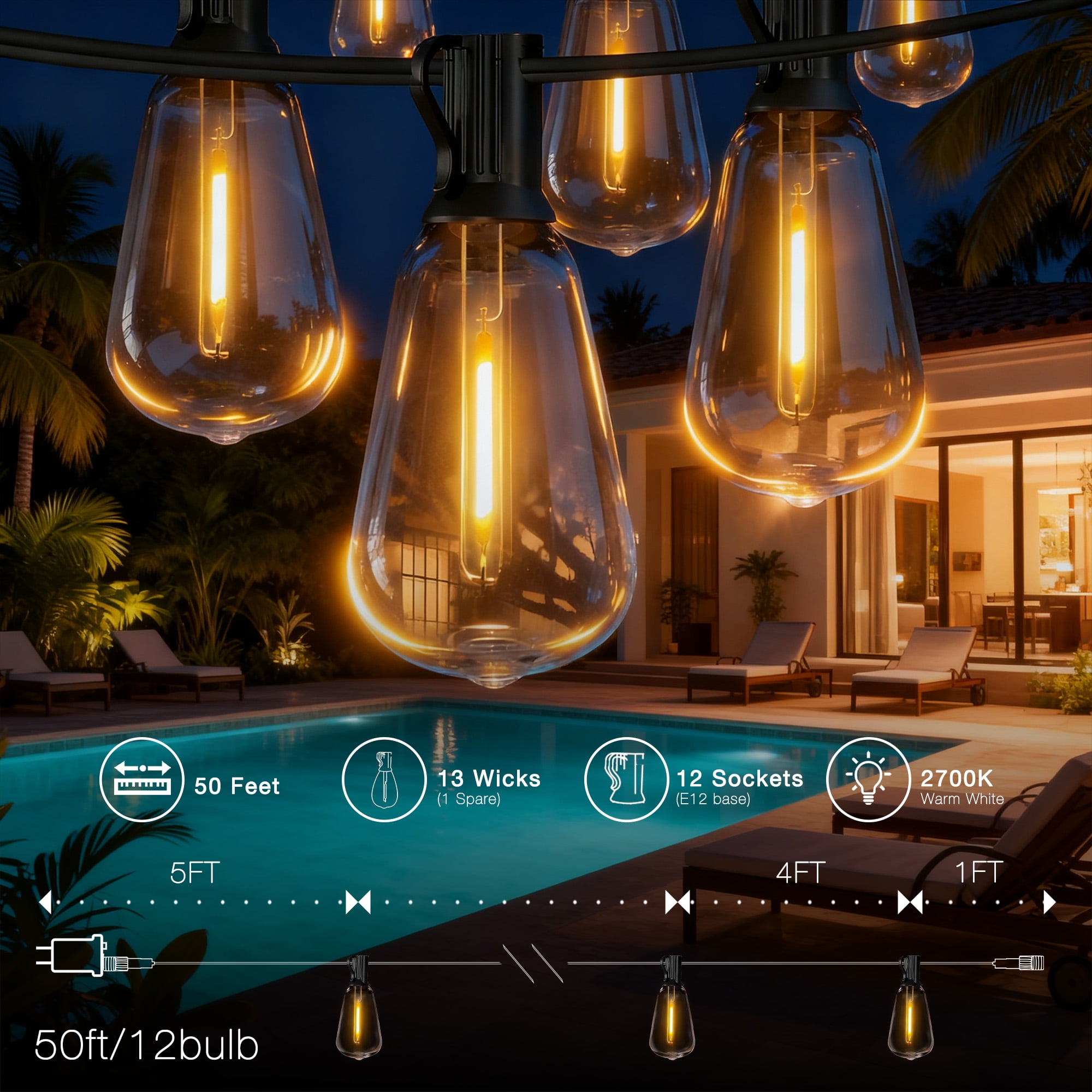 DAYBETTER Solar Outdoor String Lights,50FT Patio Lights with 12 Shatterproof ST38 Vintage Edison Bulbs, Solar Waterproof Hanging Lights, for Porch, Deck, Garden, Backyard