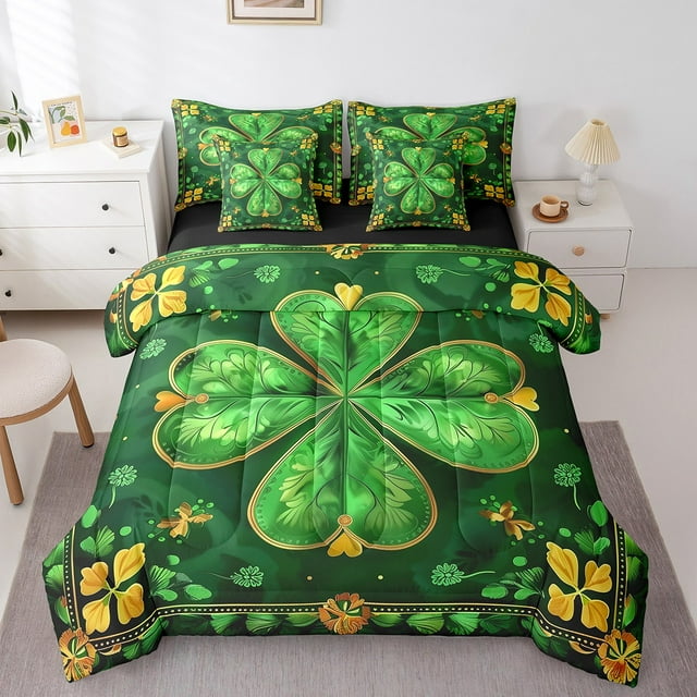 Erosebridal Lit Trèfle à Quatre Feuilles Taille Complète, Ensemble de Lit de Printemps Saisonnier, Vert Doré, Réversible, Super Confortable, 7 Pcs