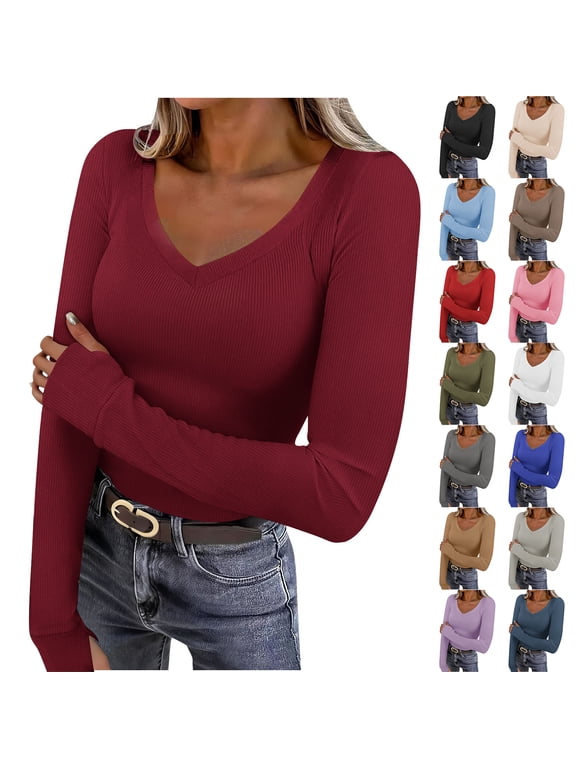 Deep V Neck Long Sleeve Shirts for Women Ribbed Knit Going Out Tops Trendy Slim Fitted Casual Solid Color Basic Tee Shirt with Thumb Holes Gray XL