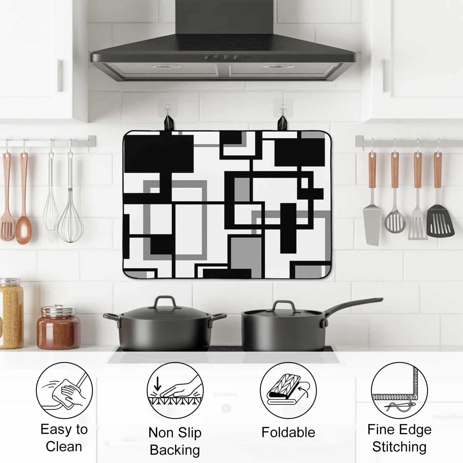 Black Grey Geometric Stove Top Cover for Electric Stove, Heat-proof & Non Slip Glass Top Stove Cover Protector, Modern Abstract Art White Kitchen Flat Cooktop Rubber Mat 24x21 Inches