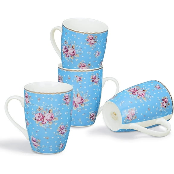 fanquare 12oz Coffee Mugs Set of 4 for Women, Floral Porcelain Coffee Cups Set, Large Blue Ceramic Coffee Mugs for Tea, Cappuccino, Latte
