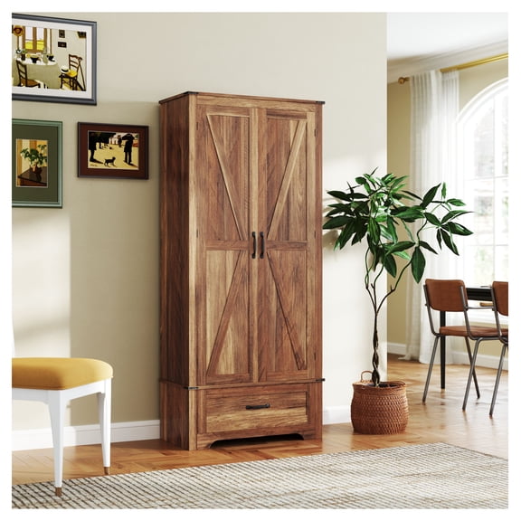72" Farmhouse Pantry Cabinet with Adjustable Shelves, Kitchen Storage Cabinet, 2 Door Tall Pantry, Brown