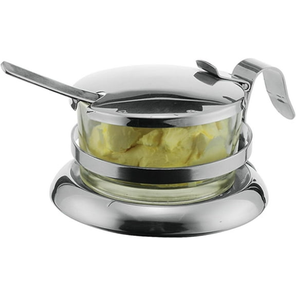Condiment Jar & Spoon Set: 6oz Glass Salt Cellar with Lid and Spoon, Condiment Serving Bowl/Cheese Bowl, Condiment Bowl, Commerical Quality Serveware for Restaurant or Home Use