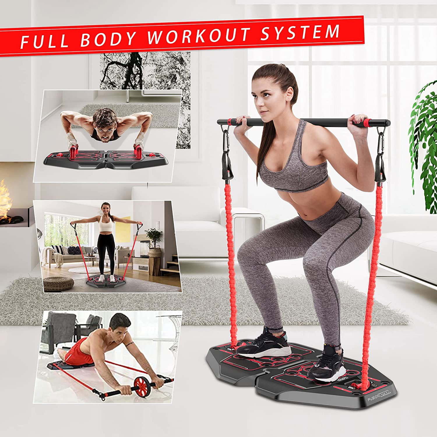 Fusion Motion Portable Fitness Home Gym Equipment Kit with Push Up board,  Resistance Bands Bar, AB Roller Wheel and Door Anchor 