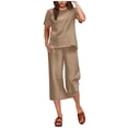 thumbnail image 2 of Horkkom Womens Loungewear Set Summer Travel Vacation Outfits Linen Sets Crew Neck Short Sleeve Shirts Elastic Waist Capris Pants 2 Piece Sets Brown 2XL, 2 of 5