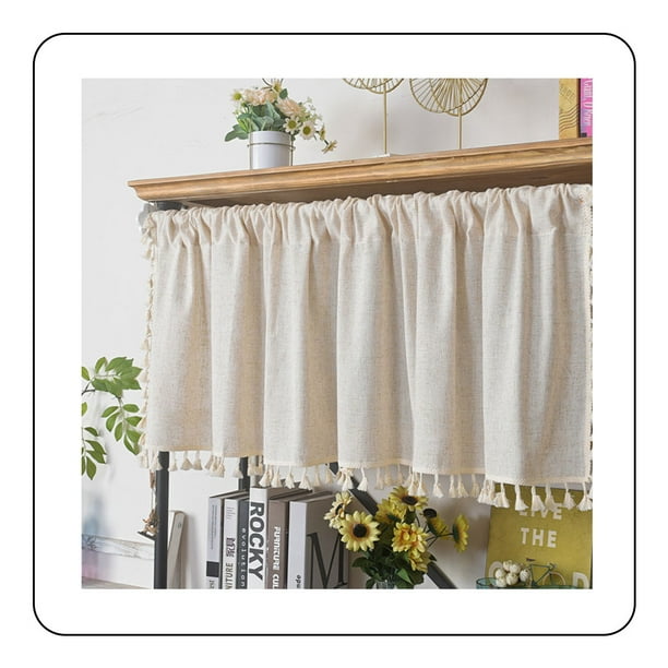 Cenefa de cocina semitransparente, cortina texturizada de lino con borlas y decoración bohemia, estilo bohemio para sala de estar y dormitorio, fácil instalación para varillas de 2 a 4 cm, 150 x 45