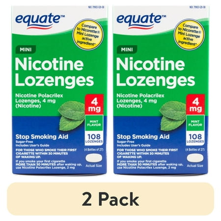 (2 pack) Equate Mini Nicotine Polacrilex Lozenges, Stop Smoking Aid, 4 mg, Mint Flavor, 108 Count, Compare to Nicorette® Mini Lozenge Active Ingredient
