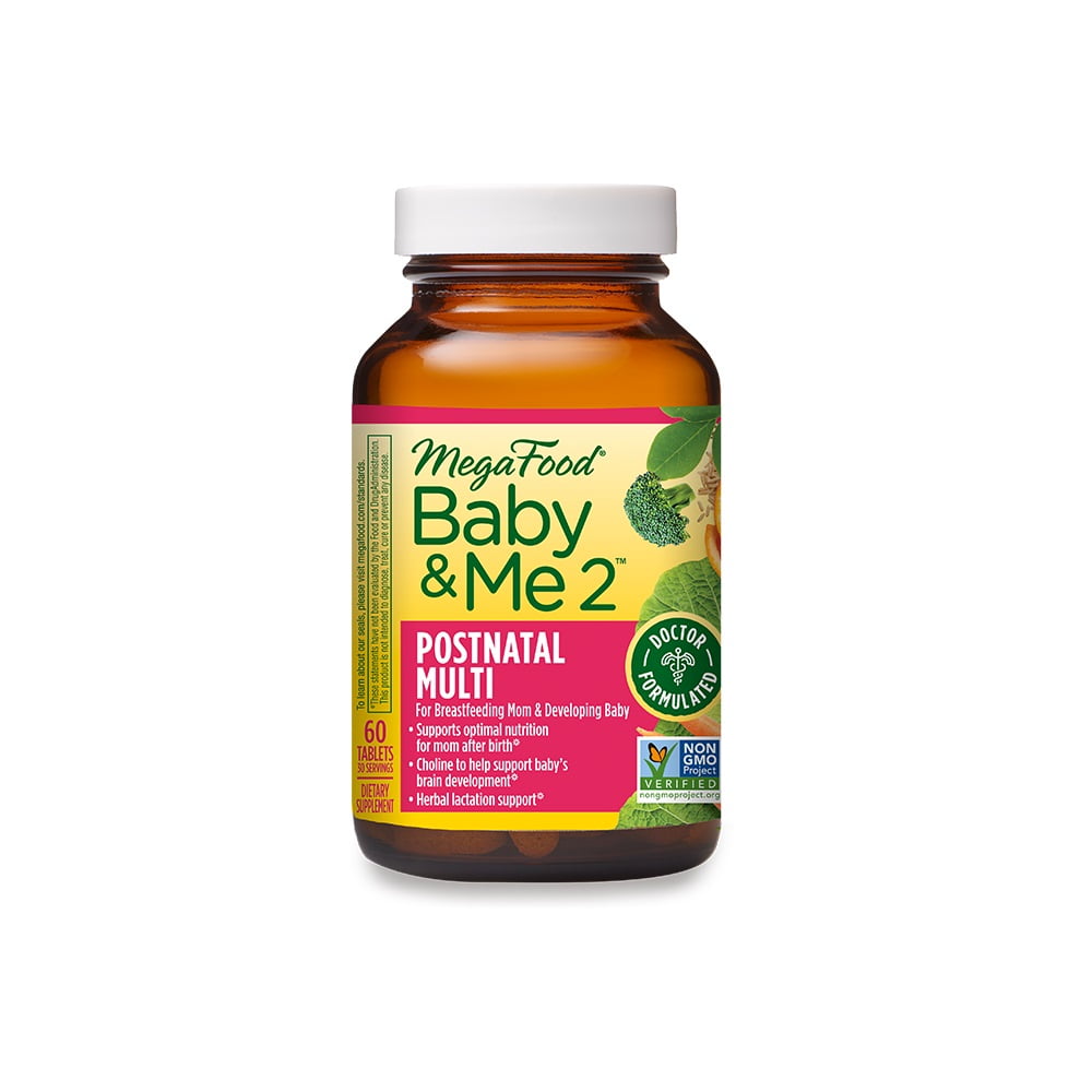 MegaFood Baby & Me 2 Postnatal Multi - Postnatal Multivitamin for Women with Folic Acid, Choline, Biotin, Moringa Leaf, and More - Non-GMO Project Verified and Vegetarian - 60 Tabs (30 Servings)