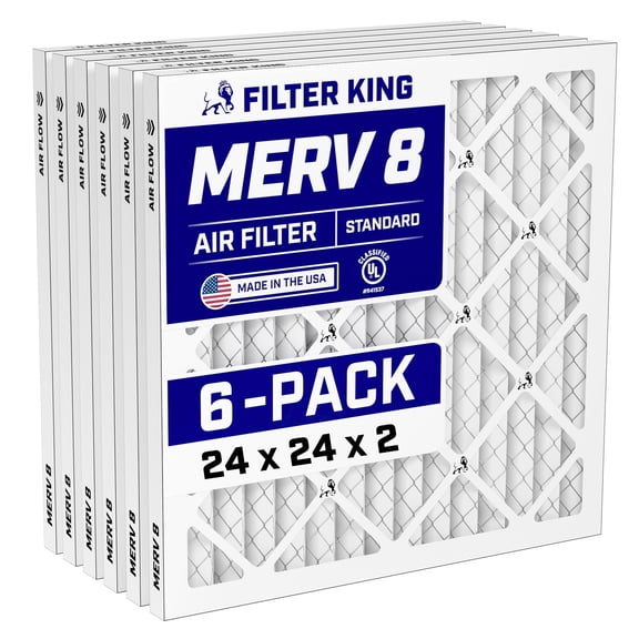 Filter King 24x24x2 Air Filter (MERV 8) (6-Pack) Dust & Allergy Control AC Furnace Filters, MADE IN USA, HVAC, Pleated, Electrostatic (Actual Size: 23.75 x 23.75 x 1.75)