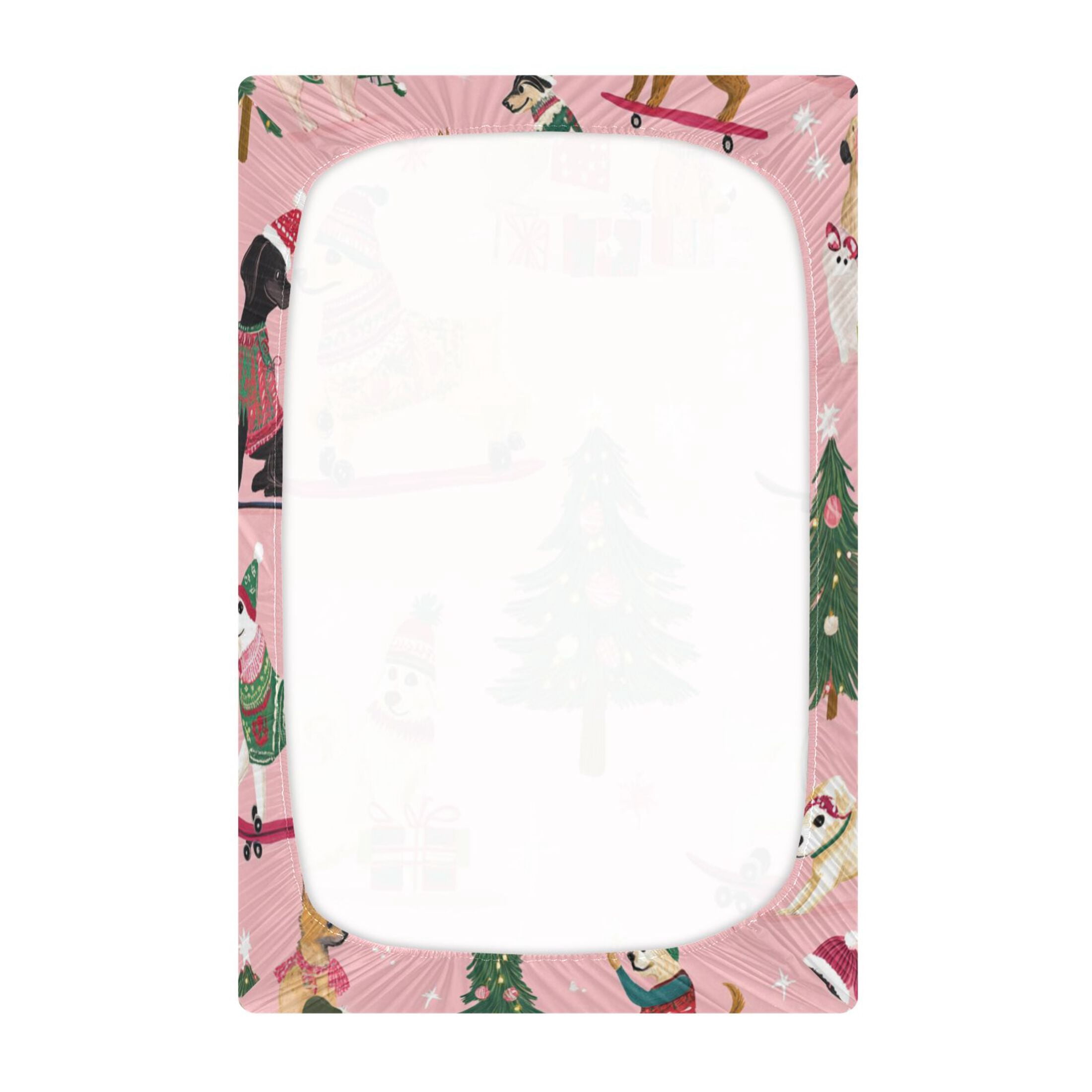 WOBOGO A Pink Background with Dogs in Christmas Costumes Baby Crib Sheets Super Soft Microfiber Playard Sheet Fitted Design for Maximum Comfort and Safety52×28×9in