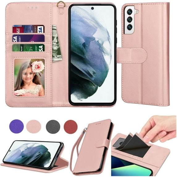 Njjex for Samsung Galaxy S22 Plus(6.5") Wallet Phone Case, Lanyard Flip Card Holder Slot Magnetic PU Leather Purse Kickstand Protective Case, Rose gold