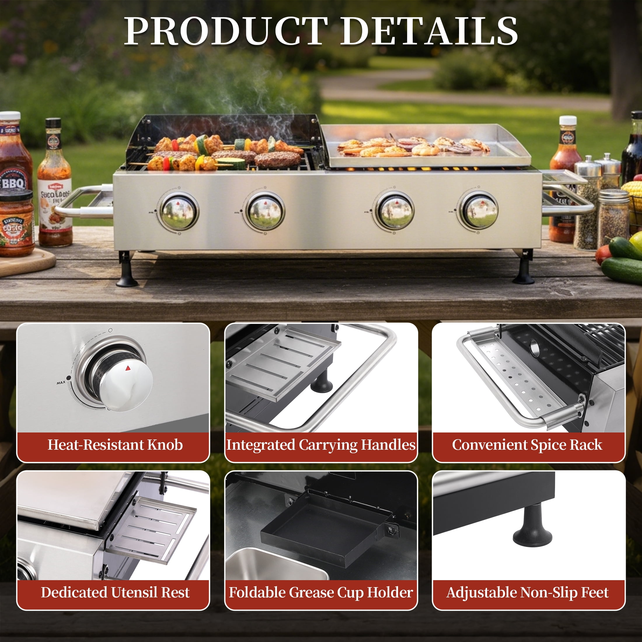 CIG GARDEN 2 Burner Propane Gas Grill and Plancha Combo, Cast Iron Grates Outdoor Barbecue Grill with 38200 BTU Output, Perfect for Outdoor Cooking