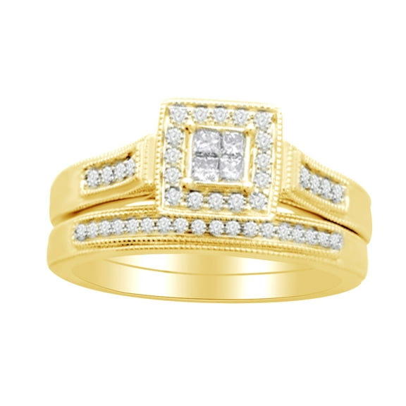 AFFY Princess & Round Cut White Natural Diamond (0.35 Cttw) Cluster Engagement Bridal Ring Set In 14K Solid Yellow Gold