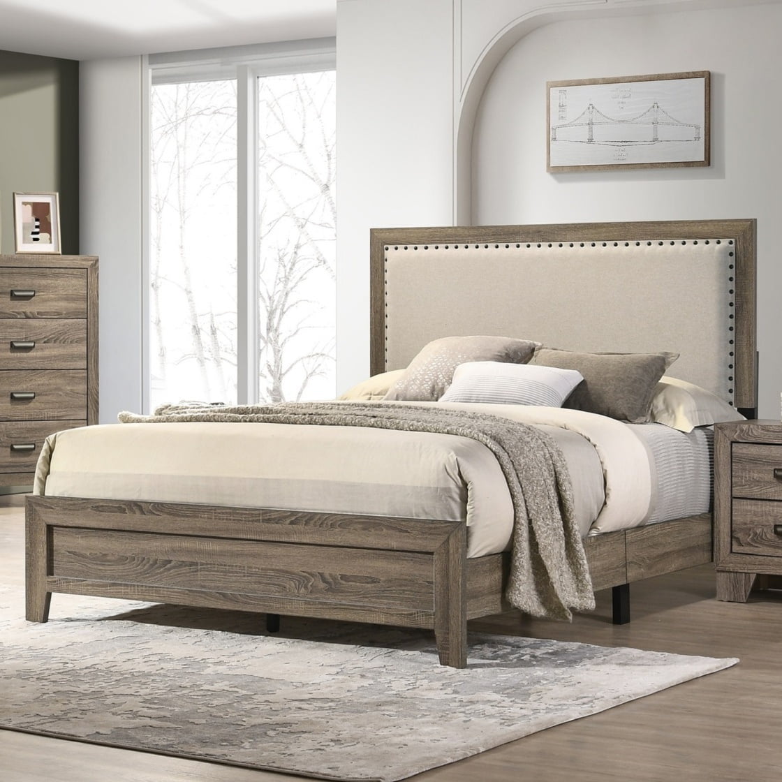 Tcbosik Platform Bed Queen Size with Upholstered Headboard, Wood Bed Frame, Box Spring Required, Grey