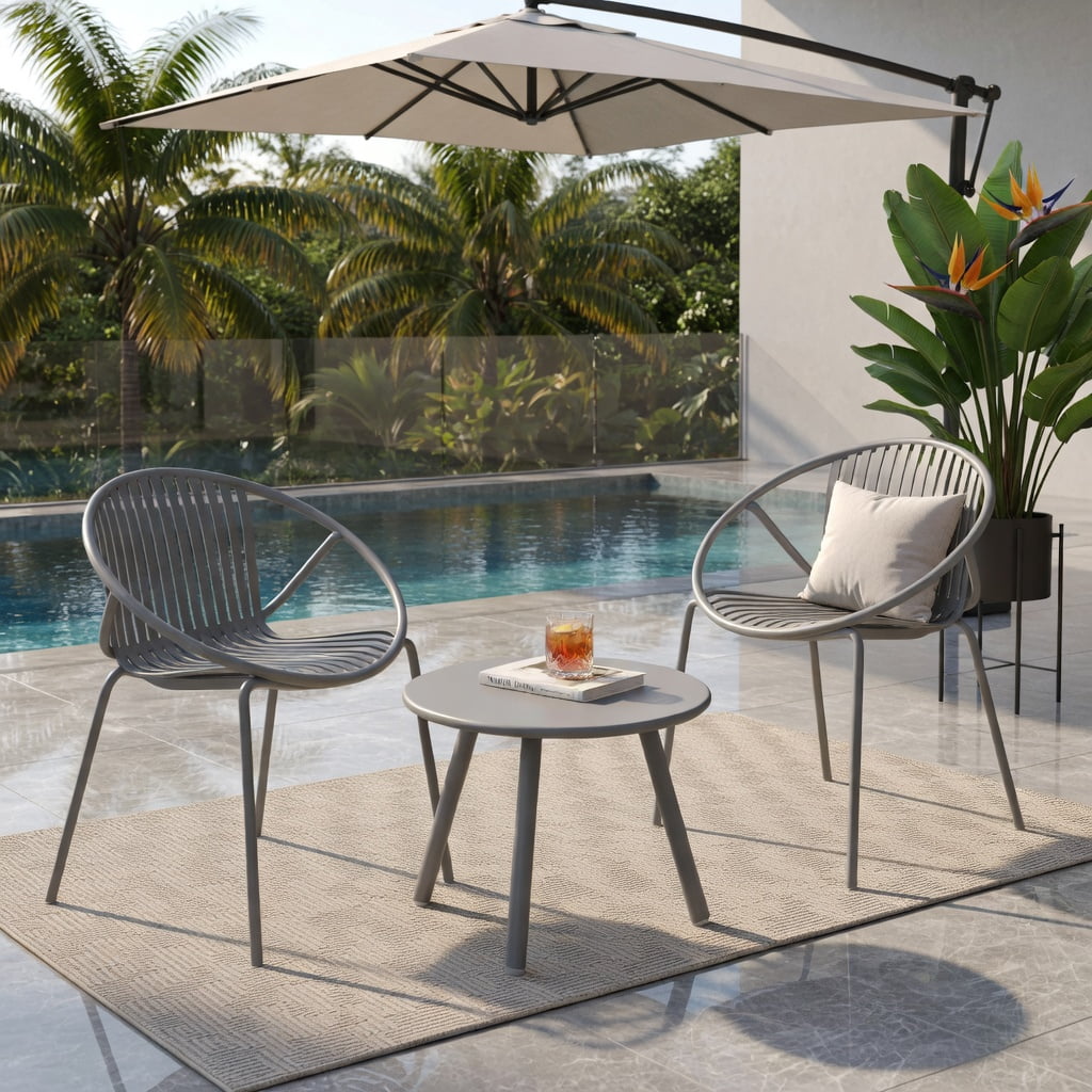 Hommoo All-Weather Outdoor Patio Conversation Set, 2 Ergonomic PP Chairs + Round Coffee Table, Heavy-Duty Metal Frame, Waterproof & UV-Resistant for Backyard, Poolside, Living Room, Gray