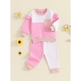 thumbnail image 6 of Aojekbee Baby Girl Fall Outfit, Contrast Color Frill Trim Long Sleeve Tops Elastic Waist Pants with Pockets 2 Piece Set, 6 of 10