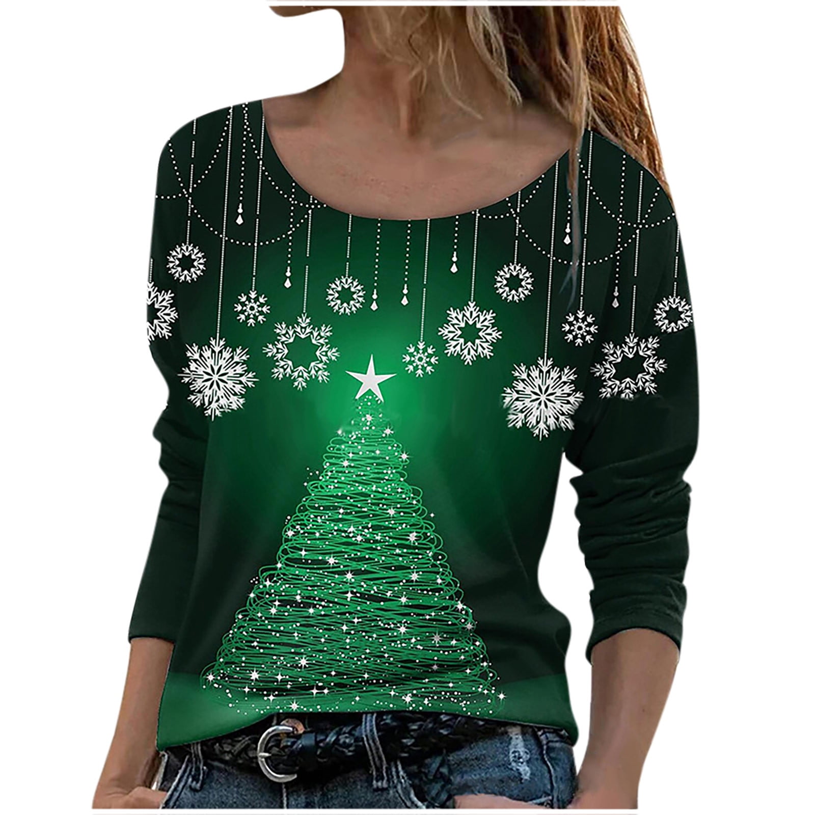 Odeerbi Clearance Christmas Shirts Women Long Sleeves Floral Casual Shirts Solid O-Neck Pullover 