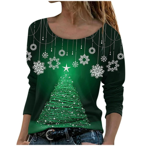 Camisas Navideñas Para Mujer, Camisas Informales Florales de Manga Larga, Jersey de Cuello Redondo Liso, Túnica Holgada, Tops, Blusa de Manga Larga Con Estampado de Árbol de Navidad Odeerbi ODB121214
