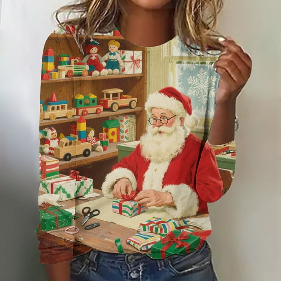 Uootdi Oversized Ugly Christmas Long Sleeve Sweatshirt for Women Xmas Graphic Fleece Pullover Santa Blouse Tops Warm Winte Gift r Outfits