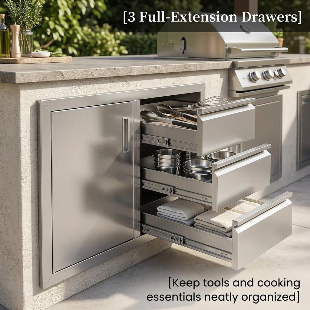 Stainless Steel Outdoor Kitchen Cabinet, 3 Drawer Built-in BBQ Storage Cabinet with Single Door for Patio Grill Station
