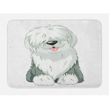 English Sheepdog Bath Mat, Illustration of Domestic and Fluffy Sitting Animal on Plain Background, Plush Bathroom Decor Mat with Non Slip Backing, 29.5" X 17.5", Off White Grey, by Ambesonne