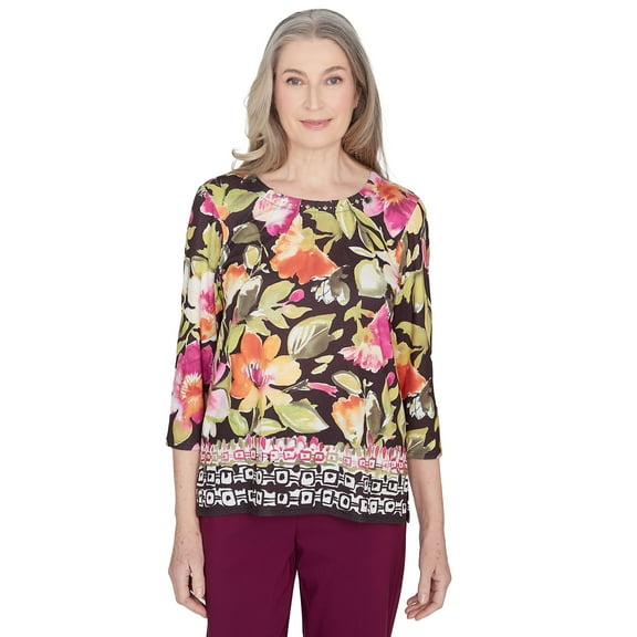 Alfred Dunner Womens  Bold Floral Geometric Border Top
