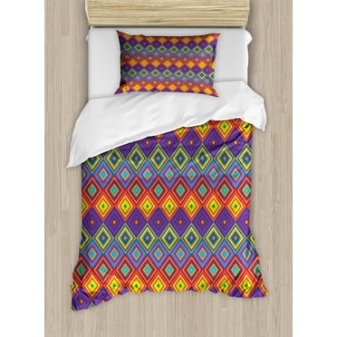 Trippy Twin Size Duvet Cover Set, Hippie Style Square Shapes in Vibrant Colors Psychedelic Pattern Retro Illustration, Decorative 2 Piece Bedding Set with 1 Pillow Sham, Multicolor, by Ambesonne