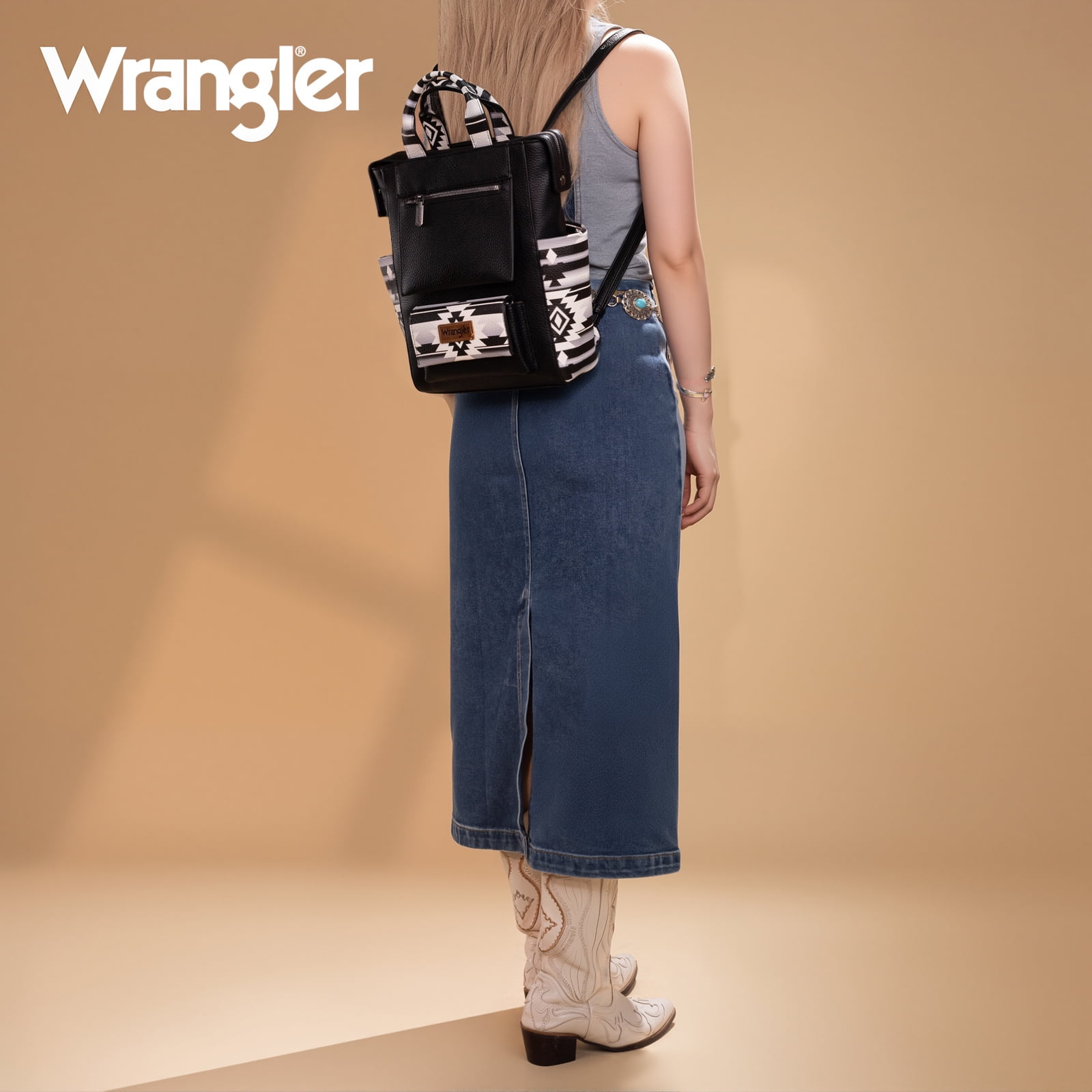 Wrangler Aztec Women Backpack Purse Convertible Fashion Ladies Anti Theft with Adjustable Strap, Black