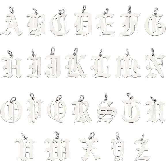 1 Box 26 Alphabet Letter Charms Stainless Steel Charm A-Z Flatback Metal ABC Hollow Gothic Tibetan Style Charms Mini Initials Beads with Hole for Personalized Jewelry Supplies Silver