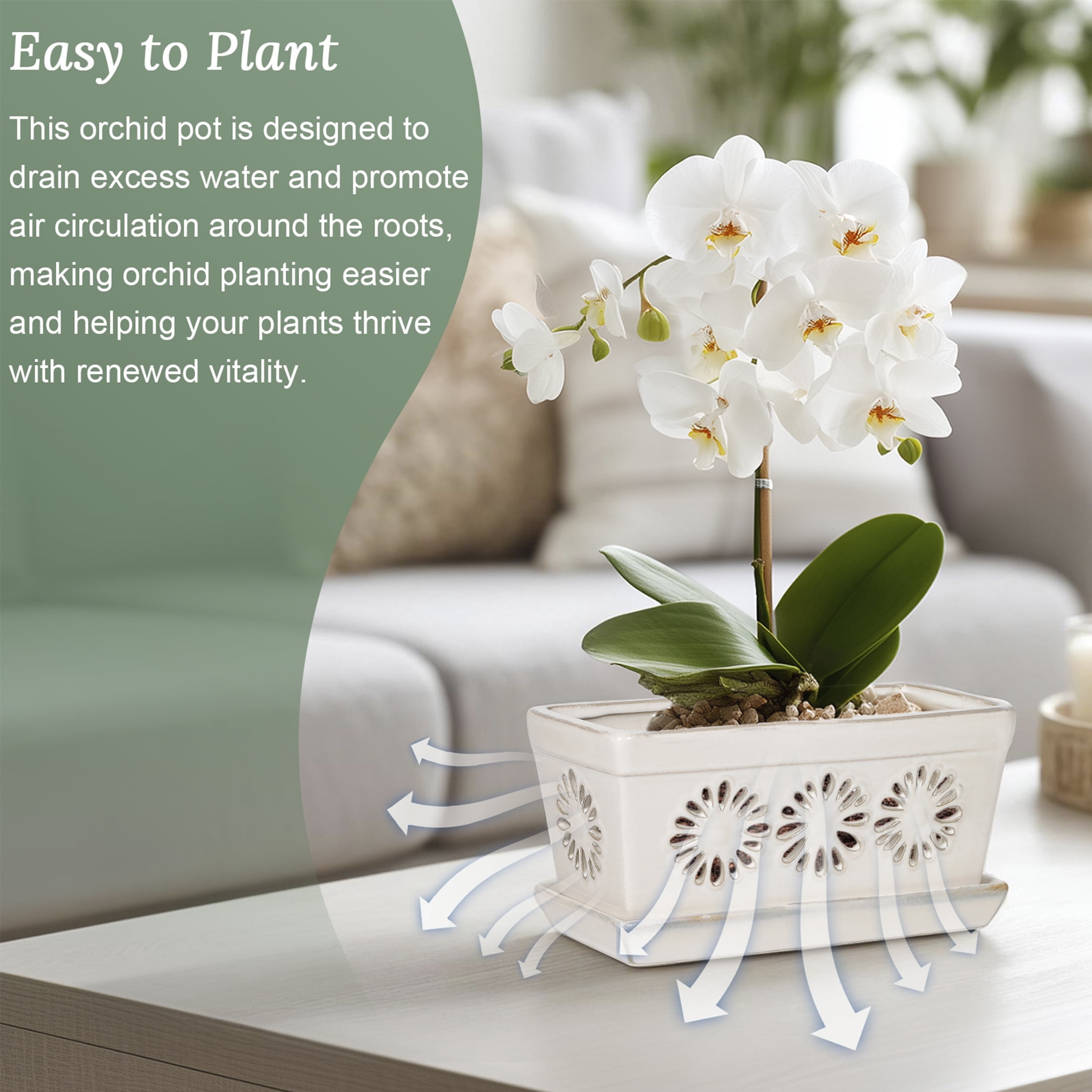 Ceramic orchid pot, 10 Inch orchid pots with holes, premium thickened handmade glazed pot for orchidaceae plants, indoor outdoor decorative flower pots for easy repotting
