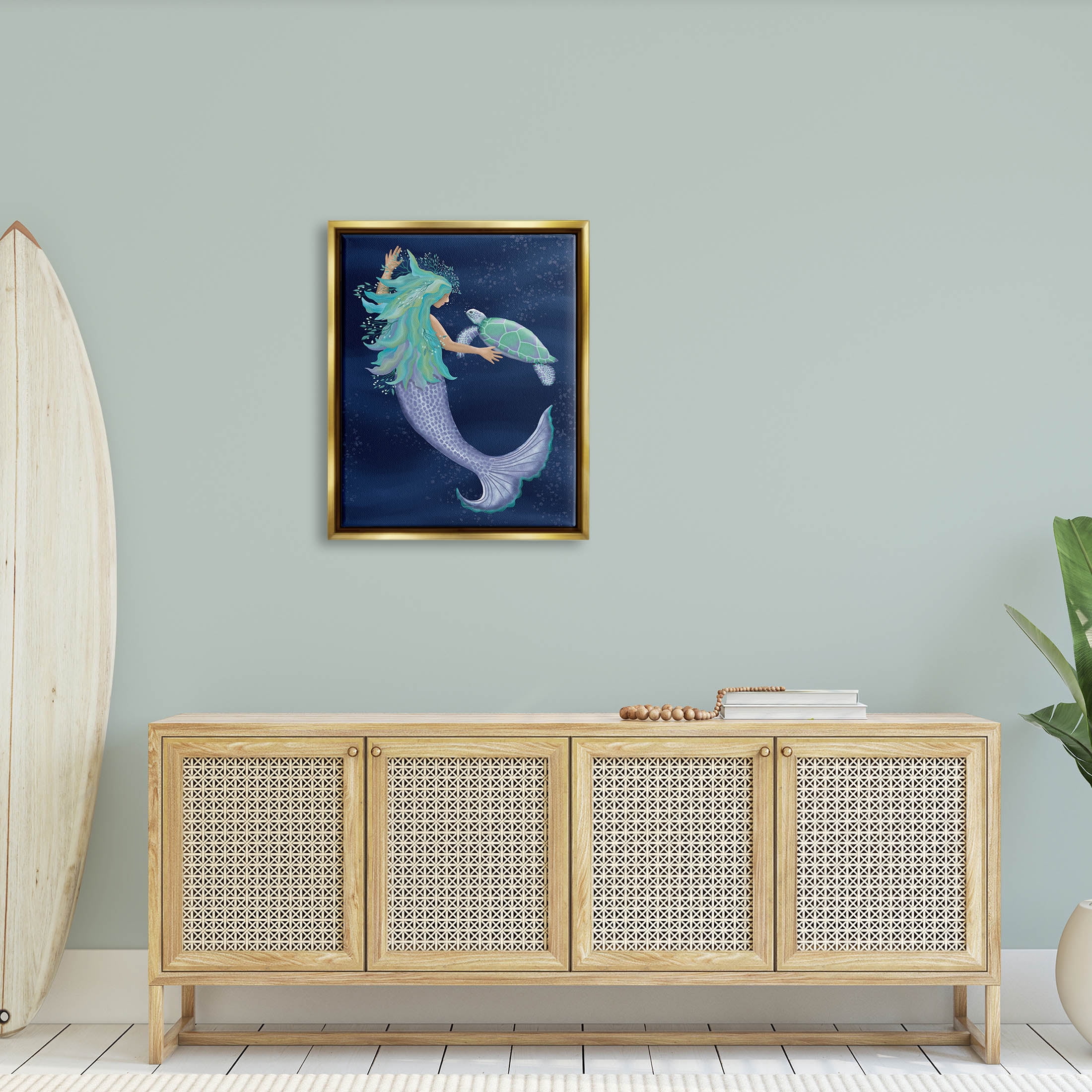 Nautical Mermaid Swimming Tortoise Fairy Tales & Fantasy Graphic Art Metallic Gold Framed Art Print Wall Art