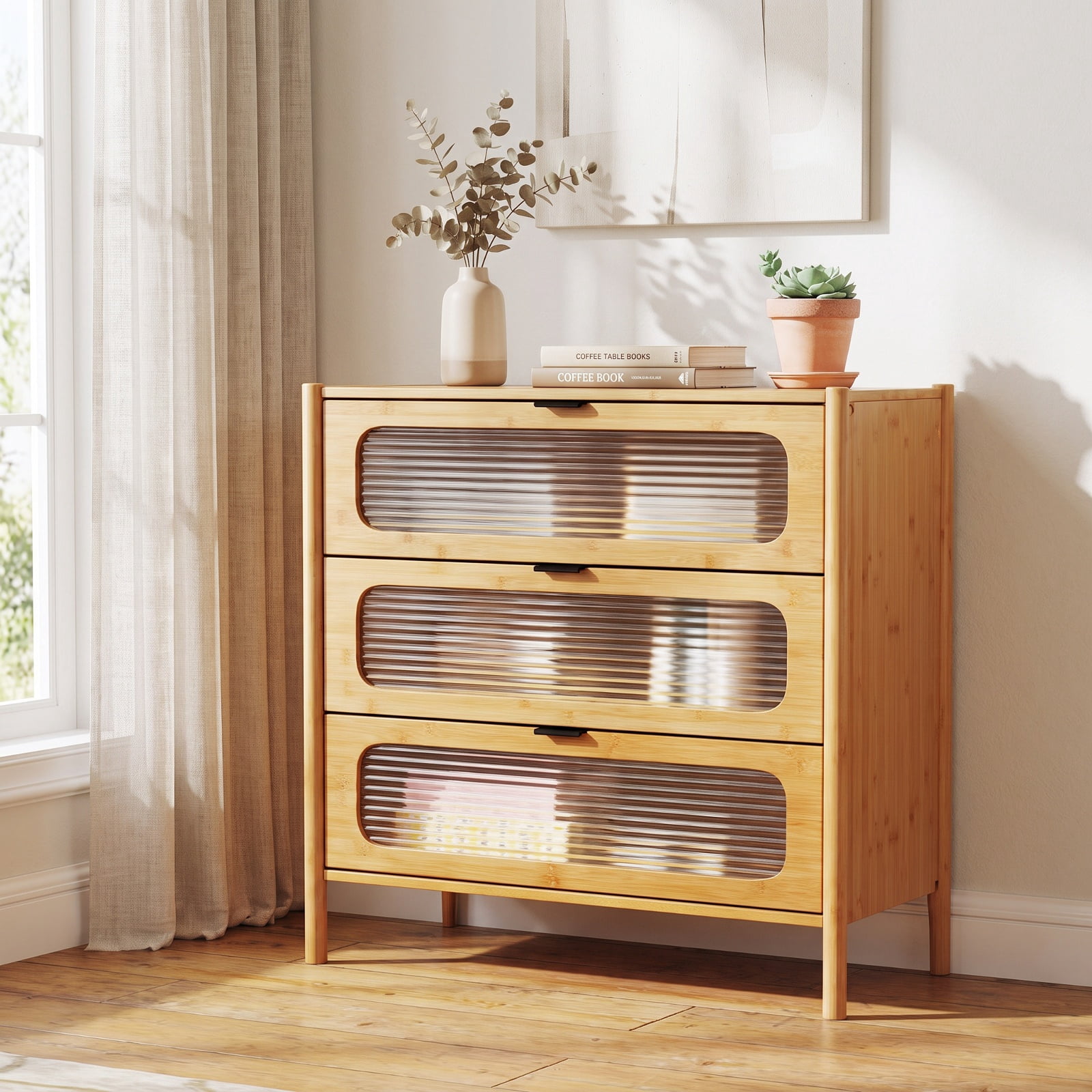 Furnibear 3 Drawer Mid Century Modern Chest of Drawers with Reeded Tempered Glass Front and Bamboo Frame for Bedroom Living Room, Natural