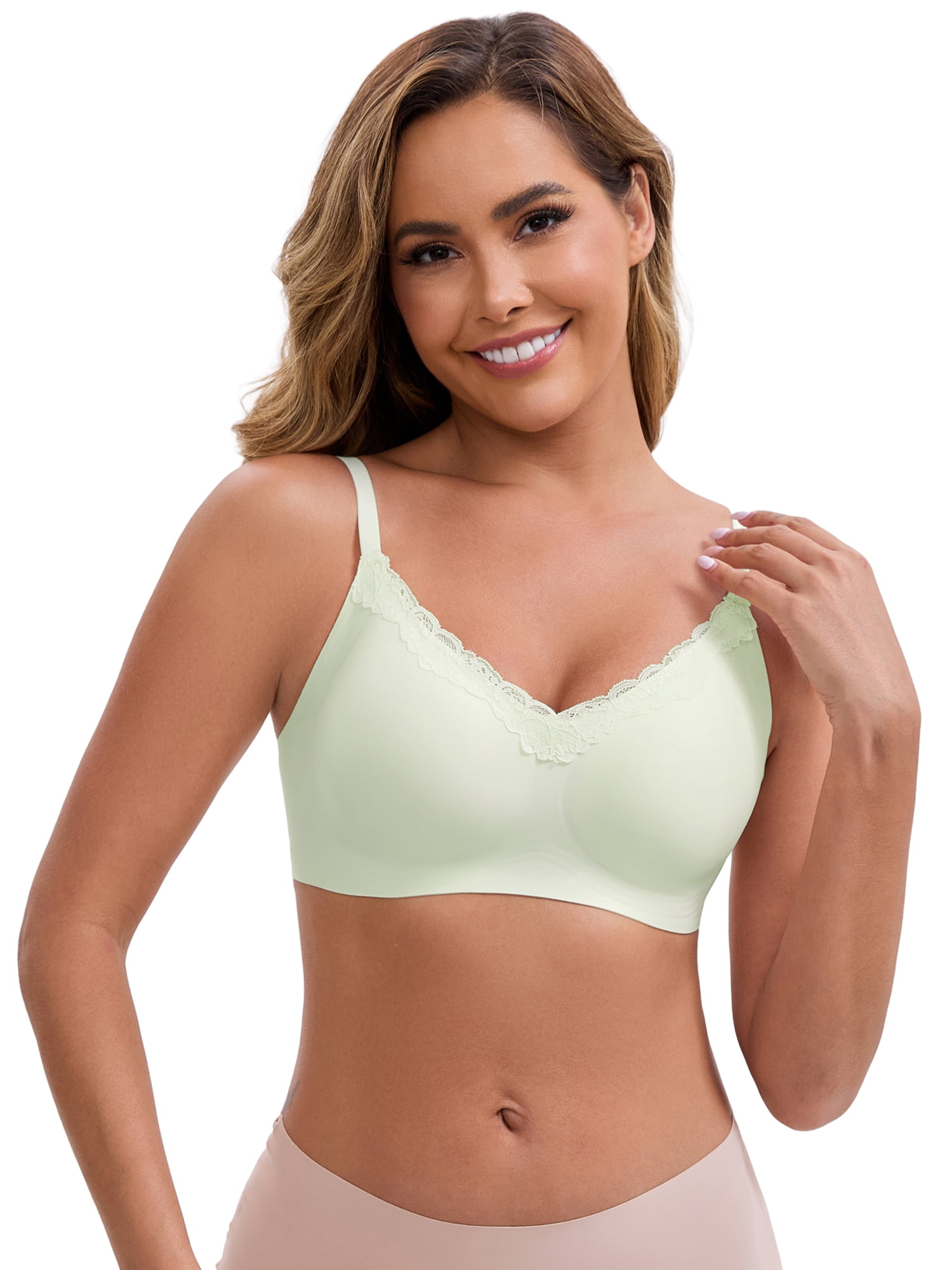 DARING DIVA Lace Trim V-Neck Wireless Bra Adjustable Spaghetti Straps Lift Up M Green